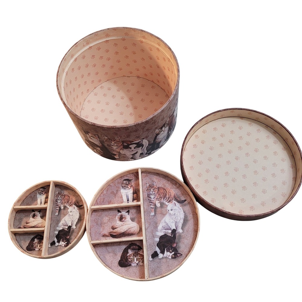 Kitty City Round Cat Kitten Trinket Box with Divider Tray Brown 5 inch KCMD602